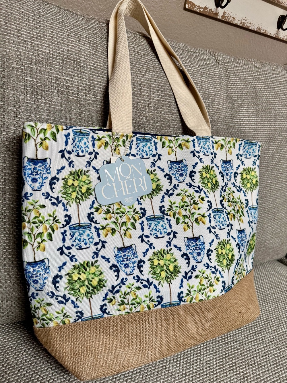 New Lemon Tree Blue Toile Potted Floral Canvas Tote Book Bag Reusable Burlap NWT